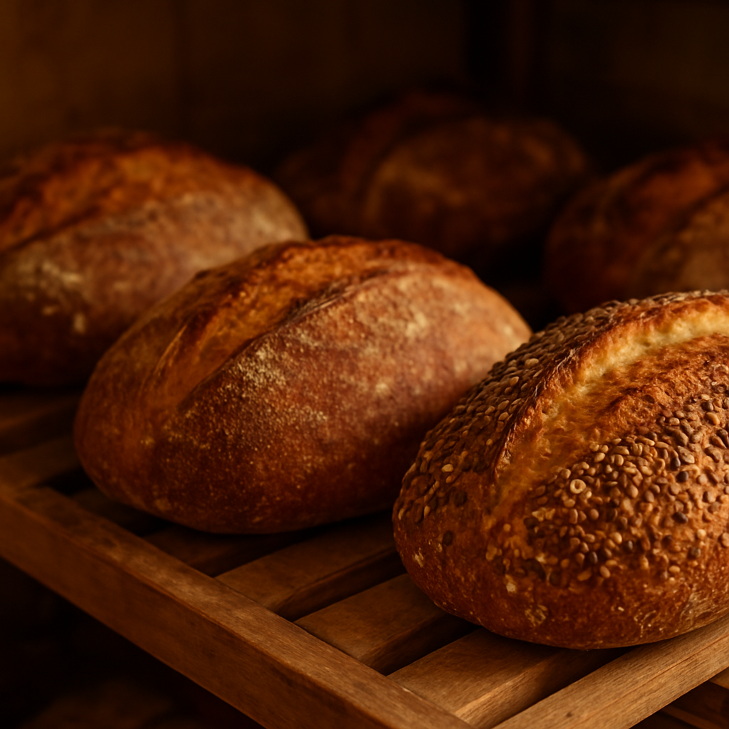Fresh artisan bread loaves cooling on a rack at Golden King Bakery