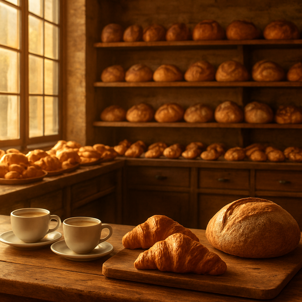 Inside Golden King Bakery — golden bread loaves and fresh pastries on display