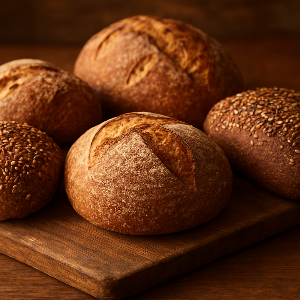Assortment of artisan bread loaves — sourdough, multigrain, rye — at Golden King Bakery