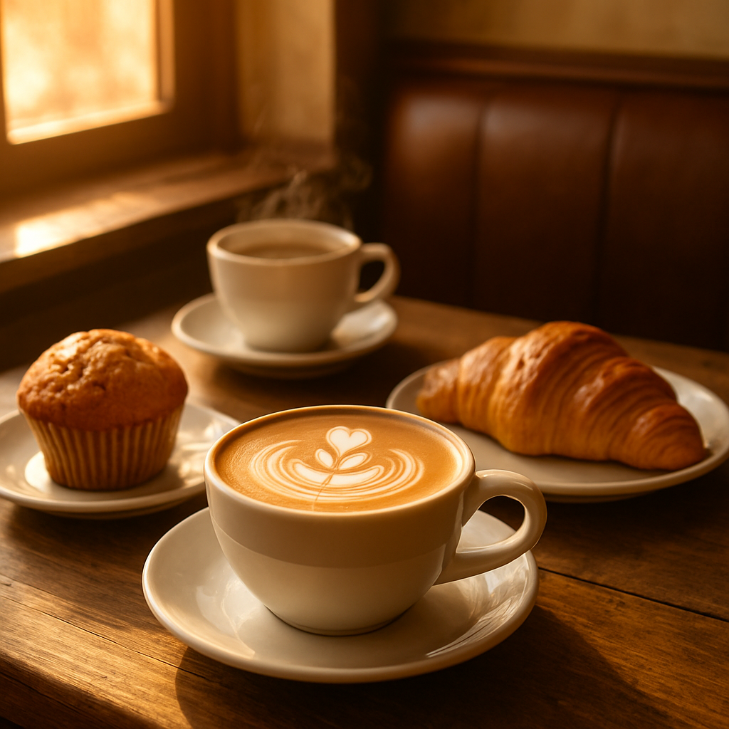Steaming coffee cup with fresh baked goods at Golden King Bakery café